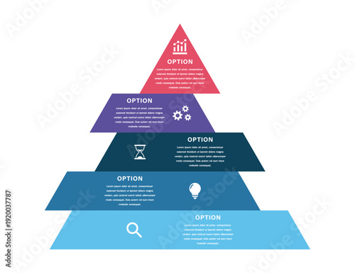 5 Tier Pyramid Business Infographic with Color Coded Segments and Icons for Corporate Strategy, Workflow Planning, Marketing, Innovation, and Data Visualization
