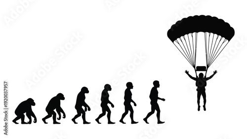 Evolution of man from primate to skydiver with parachute isolated on white background, Vector