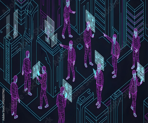 Isometric pixel art scene featuring magenta and cyan humanoid figures in a dark digital space.