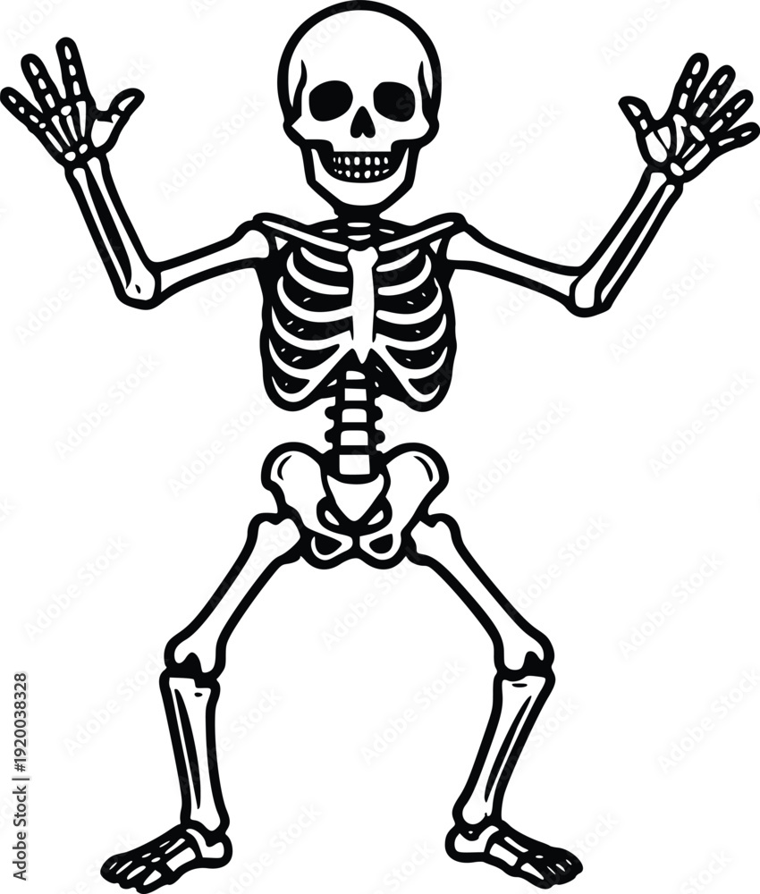 Fototapeta premium Funny Cartoon Skeleton Waving Hands, Vector Illustration for Halloween, Medical, Education, and Fun Graphic Design. Isolated Black and White Line Art for Commercial Use.