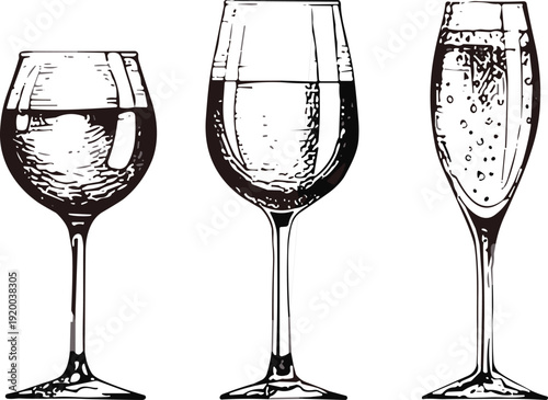 Hand drawn wine glasses set including red wine, white wine, and champagne flute silhouettes representing restaurant service, bar menu, celebration, and luxury.