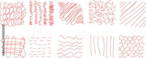 collection of red, hand-drawn crayon scribbles and doodles, likely intended as a vector set for graphic design projects.