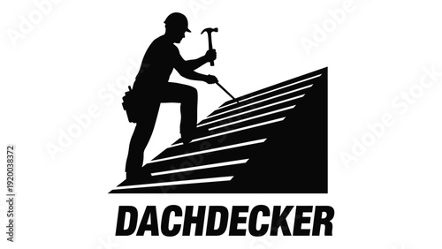 A silhouette of a roofer working on a sloped roof with a hammer. isolated on white background, Vector