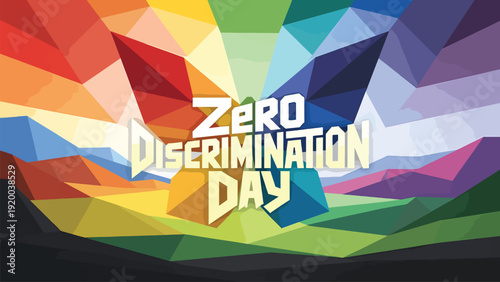 Zero discrimination day geometric abstract butterfly background with vibrant rainbow colors and bold white typography for social justice celebration