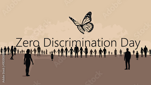Zero discrimination day, people stand together united for equality against discrimination, brown monarch butterfly on light brown background