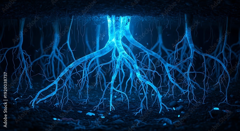 Fototapeta premium Glowing blue roots spreading underground in dark soil