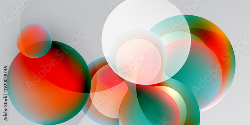 Abstract circles overlap, creating vibrant color blends. Gradient hues shift from red to teal, set against dark background.