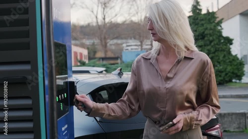 A middle aged blonde woman dressed in beige clothing stands outdoors at an electric vehicle charging station and pays for the charging service using her smartphone.