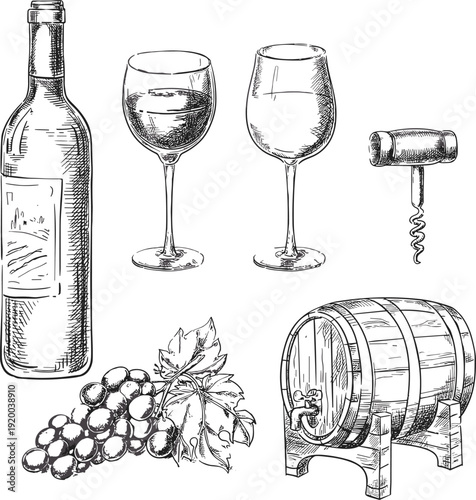 Hand drawn wine set featuring bottle, glasses of red and white wine, wooden barrel, corkscrew, and bunch of grapes for vineyard branding.