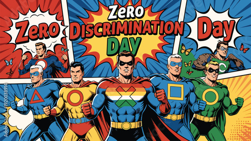 Group of male superheroes with different emblems and rainbow elements promoting zero discrimination day and unity