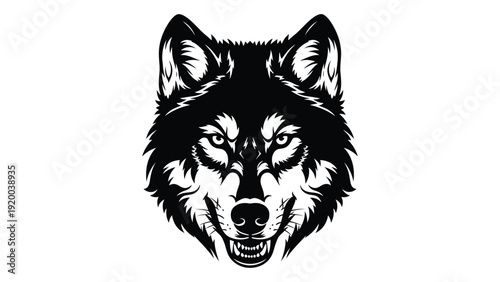 A detailed black and white illustration of a wolf's face with intense eyes and sharp features. isolated on white background, Vector