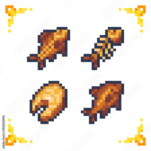 A set of pixel art cooked fish icons: fried fish, fish skeleton, and fish fillet. 8-bit food assets for RPG inventory, survival cooking mechanics, and health recovery.