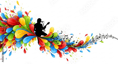 Musician silhouette playing guitar with colorful floral explosion and musical notes on white background