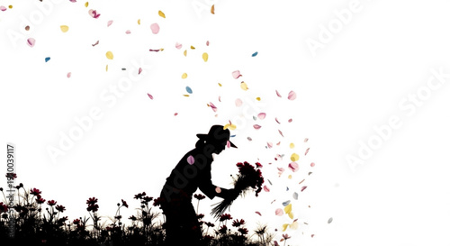 Silhouette of a person throwing flowers with colorful petals floating in the air in a field