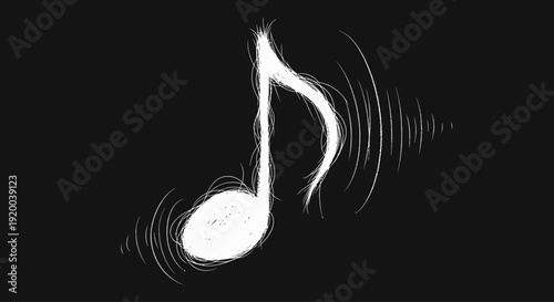 A hand-drawn white musical eighth note vibrating with sound waves on a solid black background in a sketchy, artistic style.