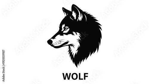 A detailed black and white illustration of a wolf's head with the word wolf written underneath isolated on white background, Vector