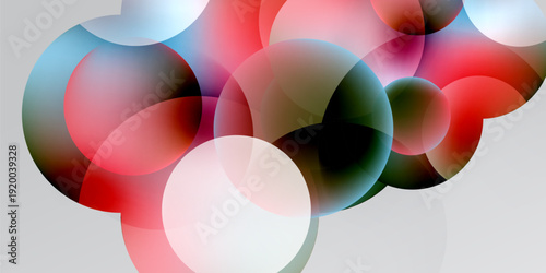 Abstract composition featuring overlapping colorful circles. Gradient shades create depth, contrast against dark background. Modern design element.