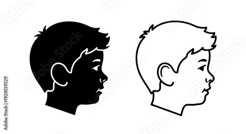Diverse children profiles, black and white line art, silhouette, kid, boy, simple, design Vector
