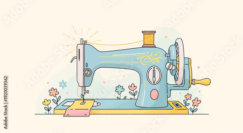 A charming vintage-style sewing machine in pastel colors surrounded by delicate flowers on a light background.