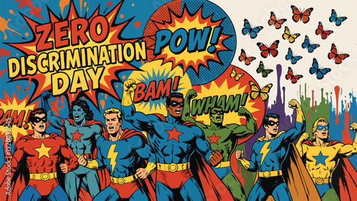 Superhero team fighting for equality in vintage pop art comic book style with dynamic action words and colorful butterfly swarm against blue sky