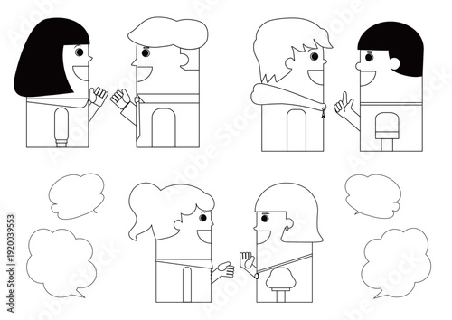 パペット風の男性と女性が会話しているイラストのセット_白黒