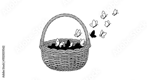 A black and white line drawing of butterflies emerging and flying away from a woven wicker basket, symbolizing freedom.