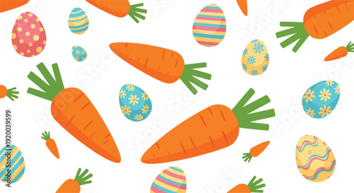 A vibrant flat lay of colorful Easter eggs and cartoon carrots on a clean white background, conveying a joyful and festive mood with pastel hues.