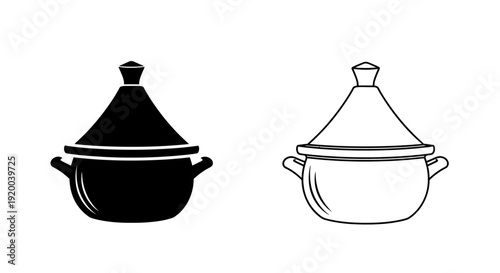 Black and white tagine cooking pots with lids, moroccan cuisine, traditional cookware Vector