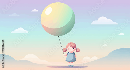 A whimsical illustration of a little girl holding a giant pastel balloon against a dreamy sky.