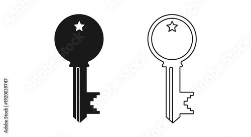 Black and white key illustrations with star symbols and unique bits for design projects Vector