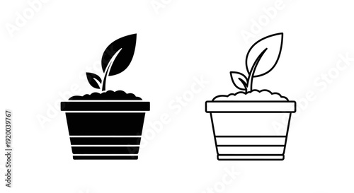 Two pots with plants growing in them, one is rectangular and the other is round. Vector
