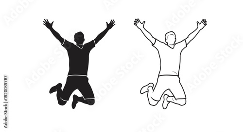 Two people jumping for joy in black and white line art style Vector