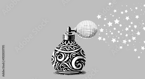 An ornate vintage perfume bottle with an atomizer spraying a magical mist of stars on a grey background.