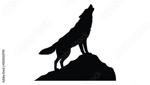 A silhouette of a wolf howling at the moon on a rocky outcrop. isolated on white background, Vector
