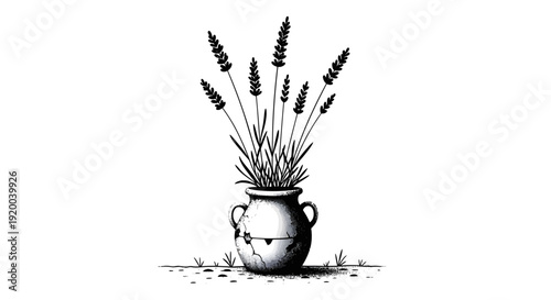 A black and white ink illustration of lavender sprigs blooming from a cracked, rustic pottery vase.