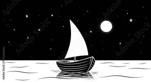 A simple black and white illustration of a sailboat on the water under a starry night sky with a full moon.