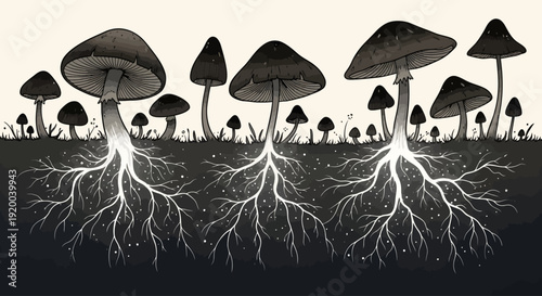 An artistic illustration of mushrooms with a glowing underground mycelial network connecting them.