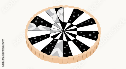 A whole dessert tart with a striking black and white geometric and checkerboard pattern filling.