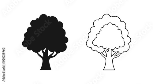 Two trees, one black and one white, standing side by side, representing duality and balance. Vector