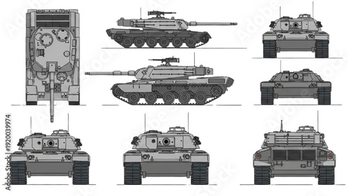 Detailed vehicle autocad blueprint showcasing various tank designs and configurations from multiple viewpoints