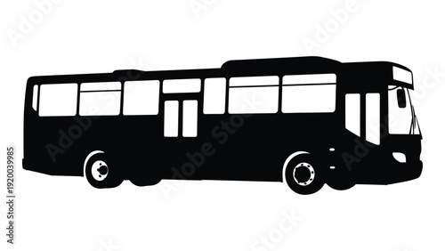 A black and white illustration of a modern city bus with large windows isolated on white background, Vector