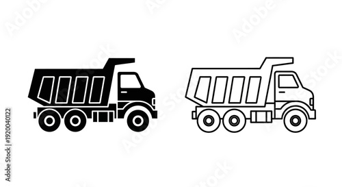 Two dump trucks illustration, vector design, construction vehicles, black and white Vector