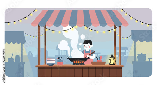 A cartoon illustration of a chef cooking at a vibrant night market food stall with string lights.