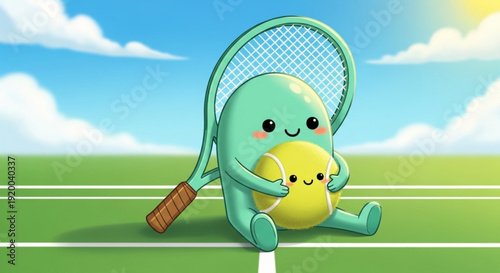 Cute Cartoon Character Hugging Tennis Ball on Court with Racket