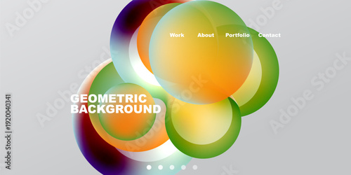 Abstract colorful shapes overlap. Text elements present work, about, portfolio, contact. Geometric background visible. Modern design.