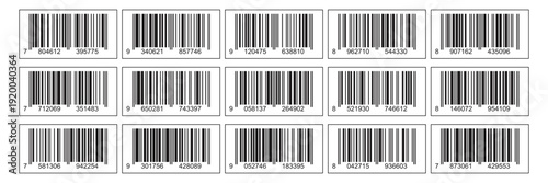 Set of bar code labels with numbers. Collection of rectangular retail barcode tags for product packaging and inventory.