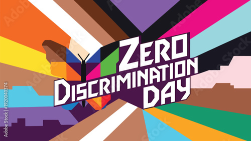 Colorful butterfly symbol with rainbow geometric rays for zero discrimination day celebration of human rights and global diversity awareness poster