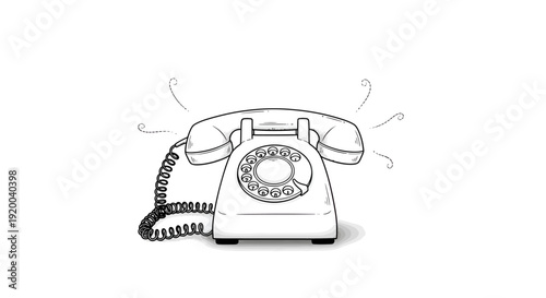 A classic black and white illustration of an old-fashioned rotary telephone ringing on a white background.
