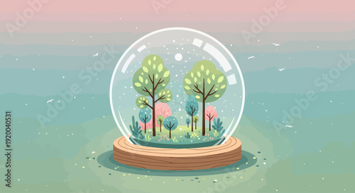A fragile forest ecosystem with lush green trees preserved inside a delicate glass snow globe on a wooden stand.