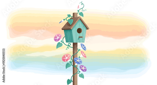 A charming teal birdhouse on a wooden post entwined with blooming morning glory vines against a pastel watercolor sky.
